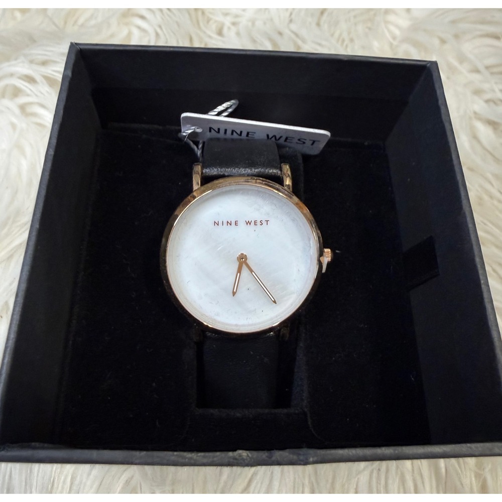 Nine West Womens Gold Tone Round Case Watch Black Faux Leather Strap New in Box